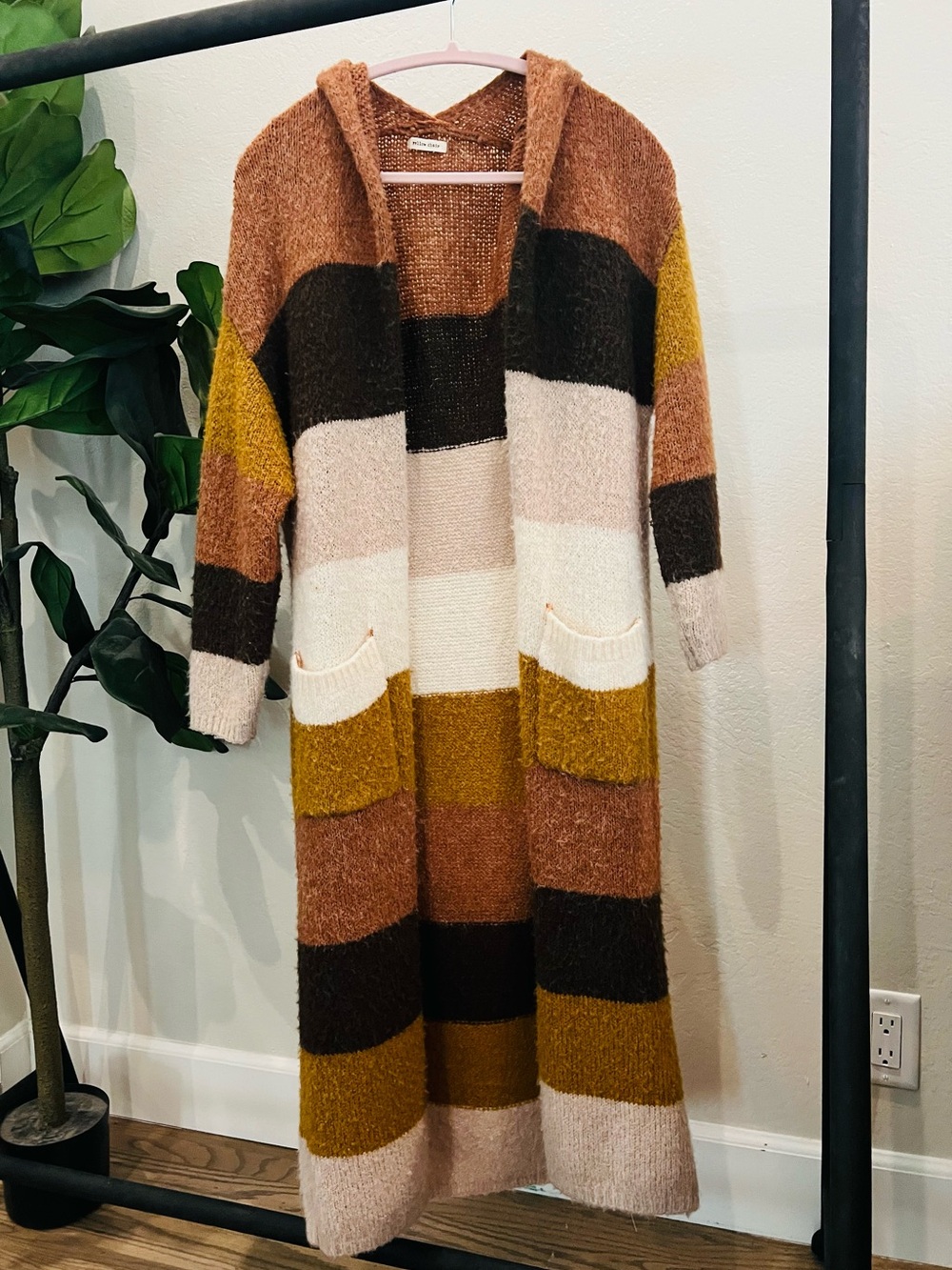 Long Hooded Striped Open-Front Cardigan - Multi Brown/Gold